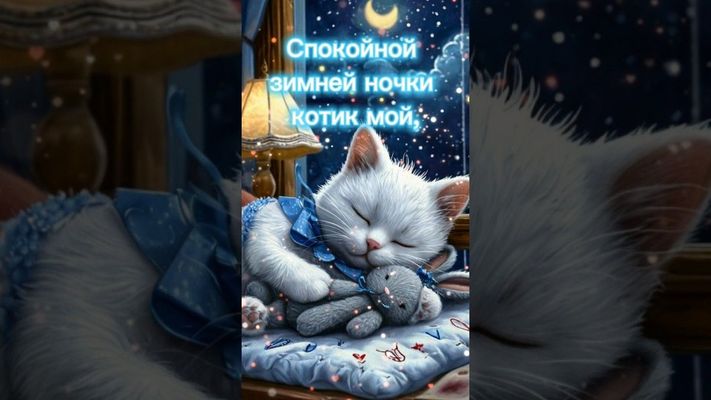 Открытка «Доброй ночи»: Доброй ночи: Спящий белый кот с плюшевой игрушкой.