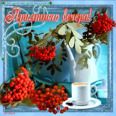 Открытка «Добрый вечер и пожелания»: Приятного вечера: уютная открытка с чаем и рябиной. Тэги: Добрый вечер красивые…