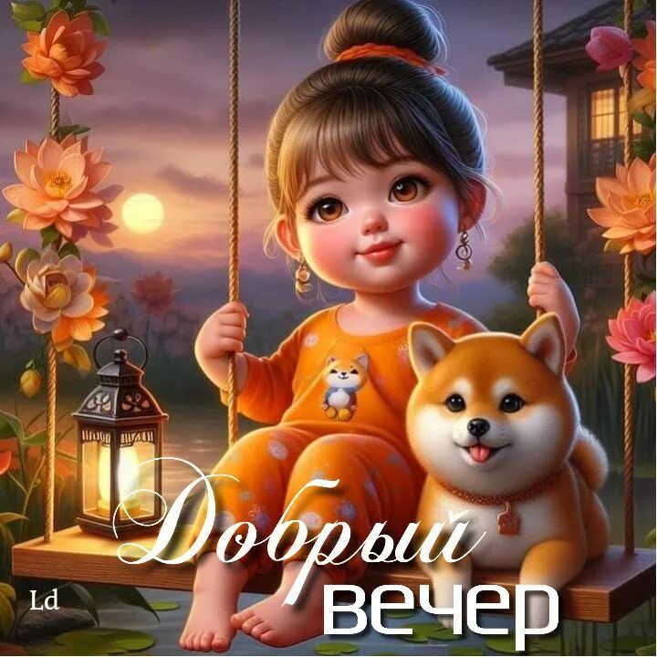 Открытка «Добрый вечер и пожелания»: Добрый вечер: милая девочка на качелях с собакой. Тэги: Добрый вечер красивые…