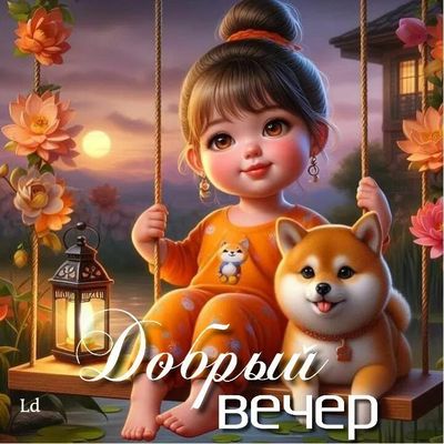 Открытка «Добрый вечер и пожелания»: Добрый вечер: милая девочка на качелях с собакой. Тэги: Добрый вечер красивые…