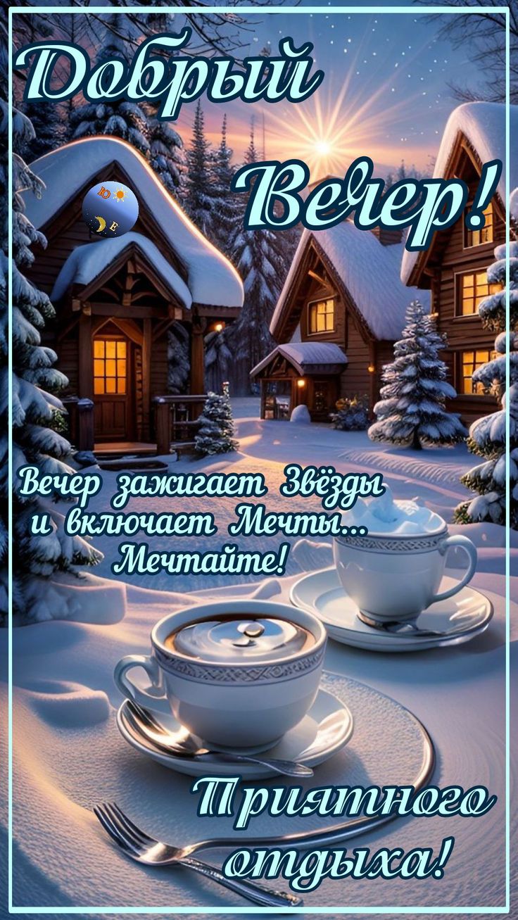 Открытка «Пожелание»: Добрый вечер: «Зимний пейзаж и горячий чай». Тэги: чай, чашка, зима, красивый, отдых, снег, дом…