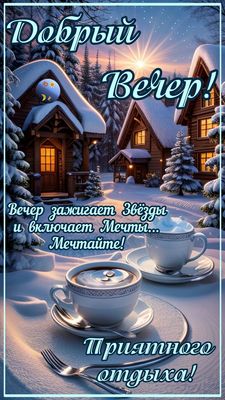 Открытка «Добрый вечер и пожелания»: Добрый вечер: «Зимний пейзаж и горячий чай». Тэги: Добрый зимний вечер, Добрый в…