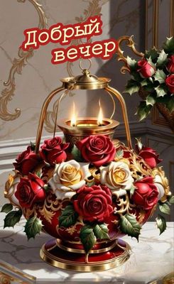 Открытка «Добрый вечер и пожелания»: Добрый вечер: элегантная открытка с розами и свечой. Тэги: Добрый вечер красивые…