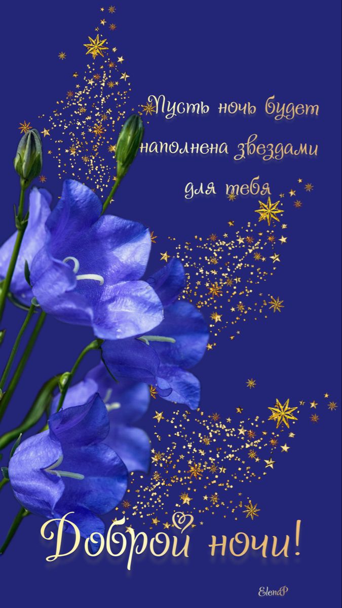 Открытка «Доброй ночи»: Доброй ночи: Нежные синие колокольчики на фоне звезд. Тэги: пыль