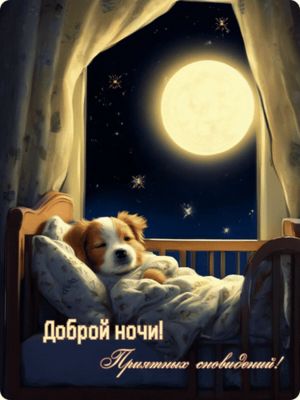 Открытка «Доброй ночи»: Доброй ночи: Милый щенок спит в кроватке.