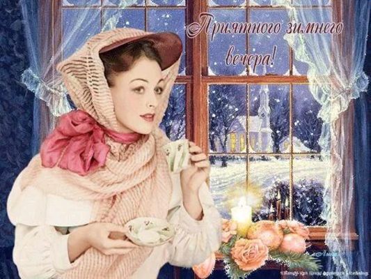 Открытка «Добрый вечер и пожелания»: Добрый вечер: «Приятного зимнего вечера» с цветами и чайком. Тэги: Добрый зимний…