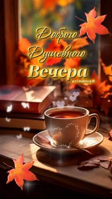Открытка «Добрый вечер и пожелания»: Доброго душевного вечера: уютный чай с книгой. Тэги: Добрый вечер красивые…
