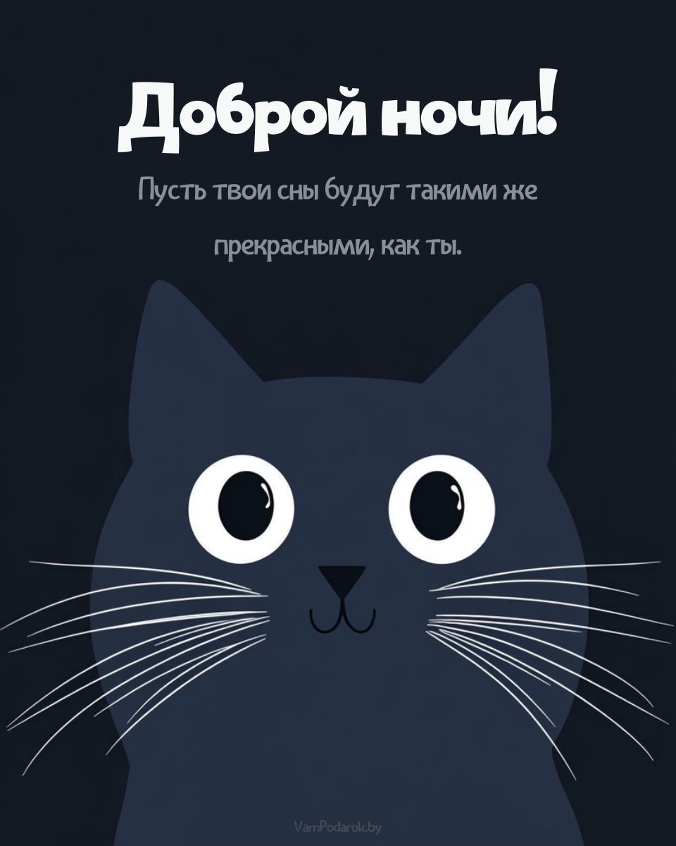 Открытка «Доброй ночи»: Доброй ночи: милый кот пожелает прекрасных снов. Тэги: пожелание, кот, надпись, рисунок, милый…