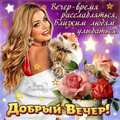 Открытка «Добрый вечер и пожелания»: Добрый вечер: красивая девушка с котом. Тэги: Добрый вечер красивые, Добрый вече…