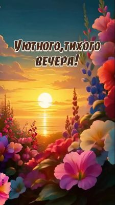 Открытка «Добрый вечер и пожелания»: Уютного вечера: красивый закат и цветы у воды. Тэги: Добрый вечер красивые…