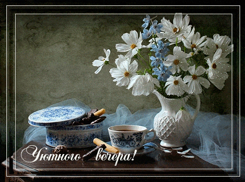 Открытка «Добрый вечер и пожелания»: Уютного вечера: красивая открытка с цветами и чаем. Тэги: Добрый вечер красивые…