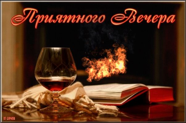 Открытка «Шкура»: Добрый вечер: Красивая открытка с камином, книгой и коньяком. Тэги: Добрый вечер и пожелания…