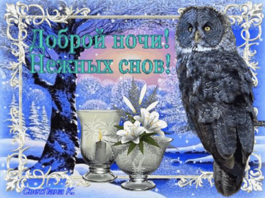 Открытка «Доброй ночи»: Доброй ночи: Зимний пейзаж с совой и свечами.