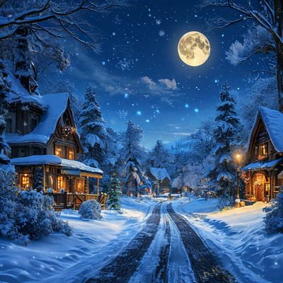 Открытка «Доброй ночи»: Доброй ночи: Волшебная зимняя деревня под луной.