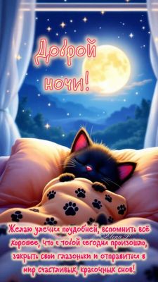 Открытка «Доброй ночи»: Доброй ночи: «Спящий котёнок» и лунная ночь. Тэги: пожелание, кот, милый, стих, красочный…