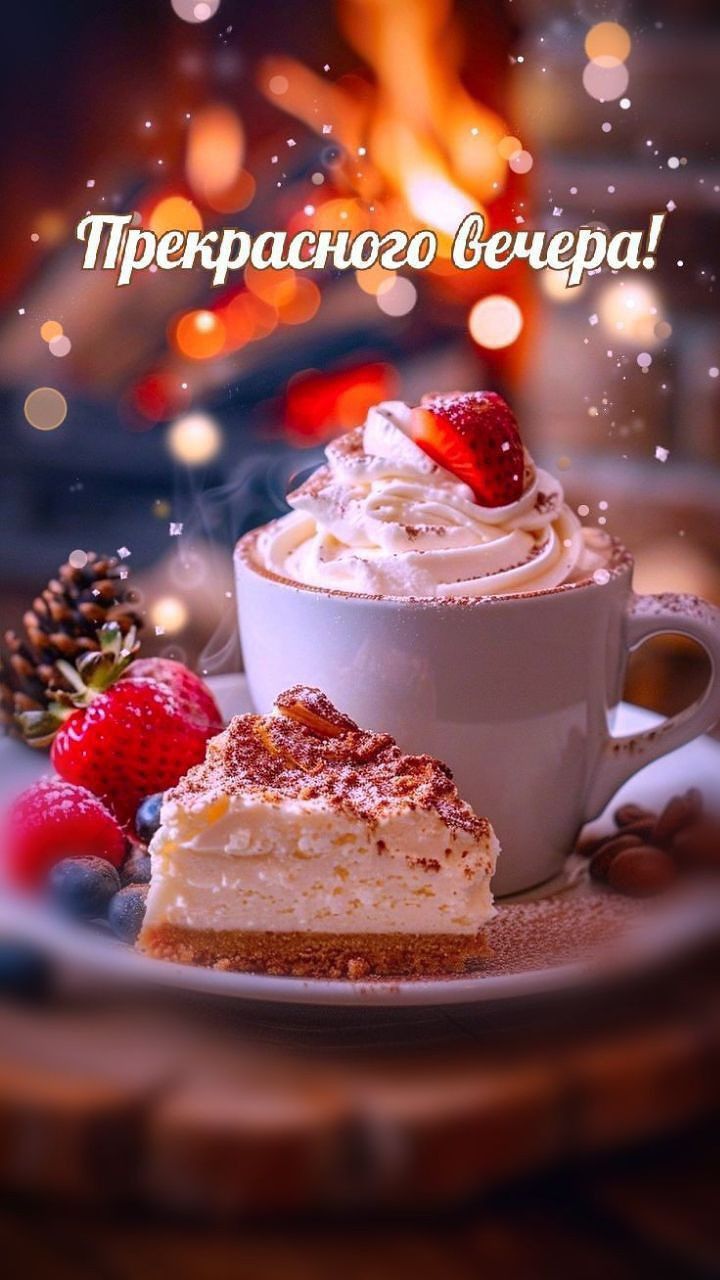 Открытка «Добрый вечер и пожелания»: Добрый вечер: Вкусный кофе с тортом у камина. Тэги: Добрый вечер красивые…