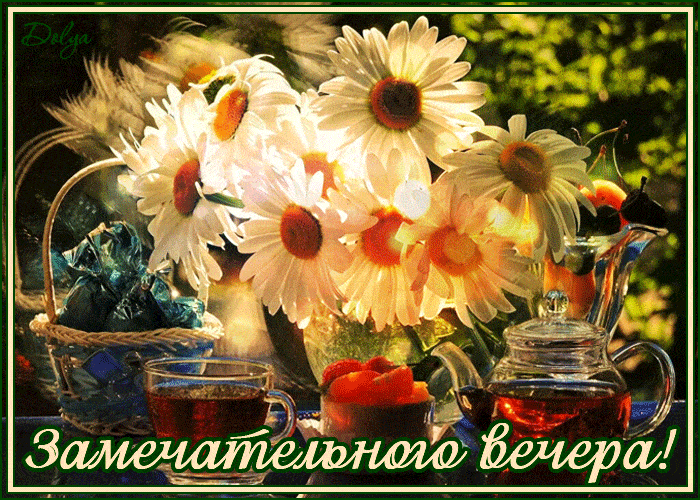 Открытка «Добрый вечер и пожелания»: «Замечательного вечера»: чай и ромашки. Тэги: Добрый вечер красивые, Добыий вечер…