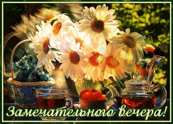 Открытка «Добрый вечер и пожелания»: «Замечательного вечера»: чай и ромашки. Тэги: Добрый вечер красивые, Добыий вечер…