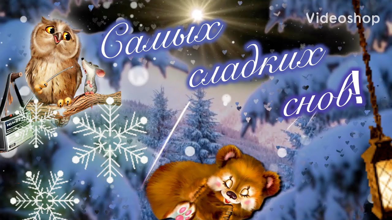 Открытка «Доброй ночи»: Доброй ночи: «Самых сладких снов» с добрым мишкой.