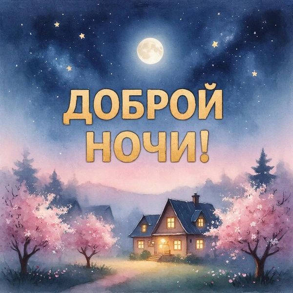 Открытка «Доброй ночи»: Доброй ночи: красивый пейзаж с цветущими деревьями.