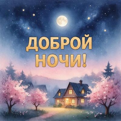 Открытка «Доброй ночи»: Доброй ночи: красивый пейзаж с цветущими деревьями.