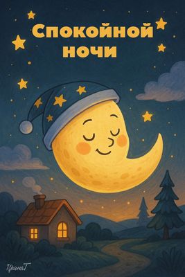 Открытка «Спокойной ночи»: Спокойной ночи: сонный месяц в колпаке и уютный дом. Тэги: Спокойной ночи, красивые…