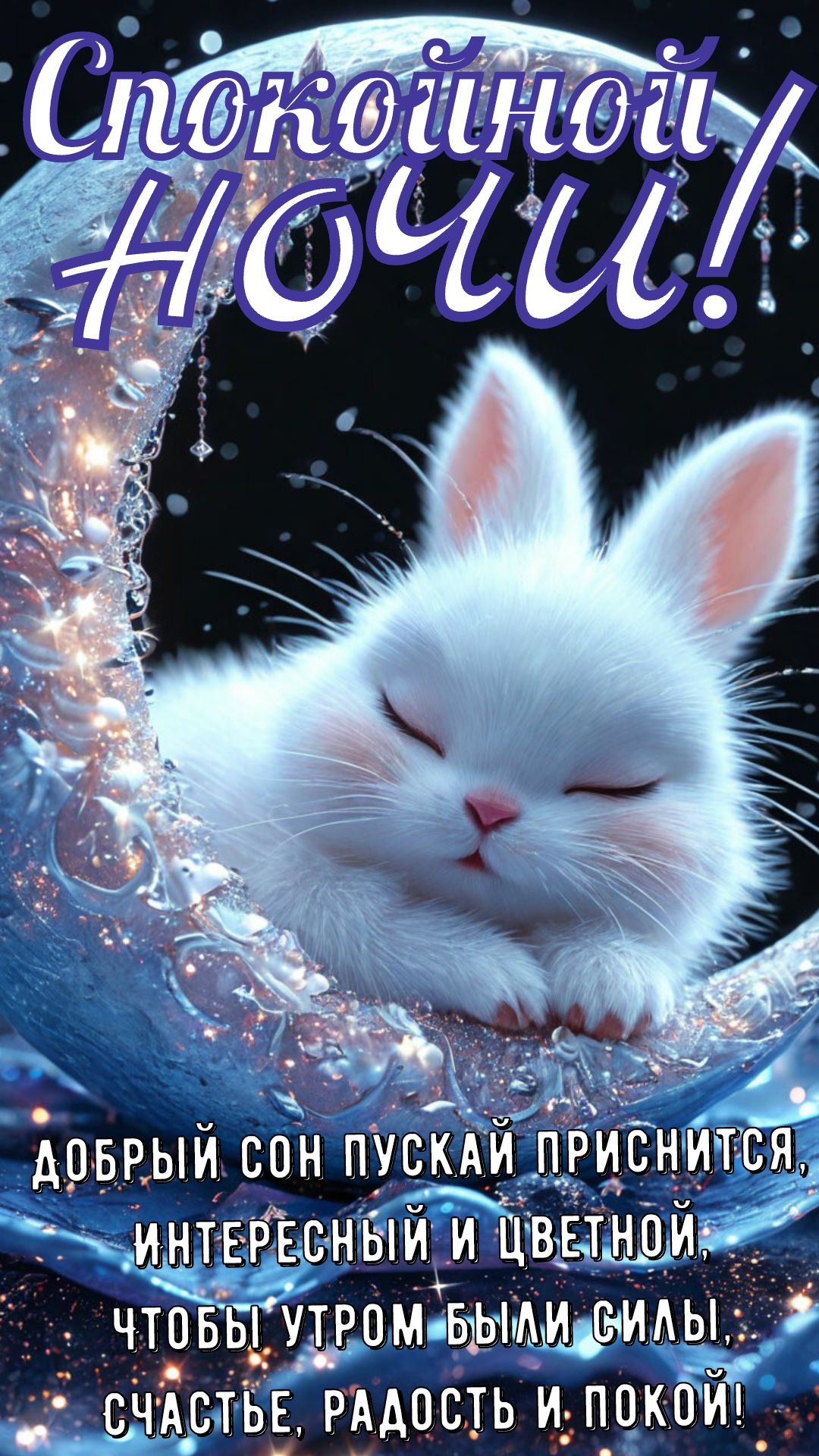 Открытка «Доброй ночи»: Спокойной ночи: милый кролик на луне. Тэги: Спокойной ночи, Спокойной ночи, красивые, Спокойн…