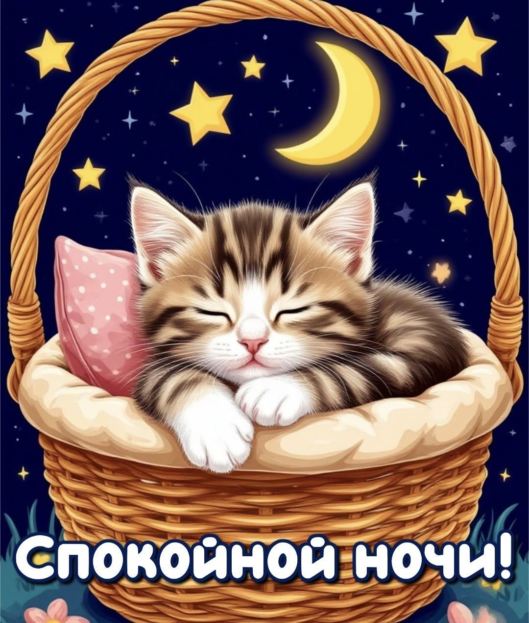Открытка «Спокойной ночи»: Спокойной ночи: милый спящий котик под луной. Тэги: Спокойной ночи, красивые, Спокойной но…