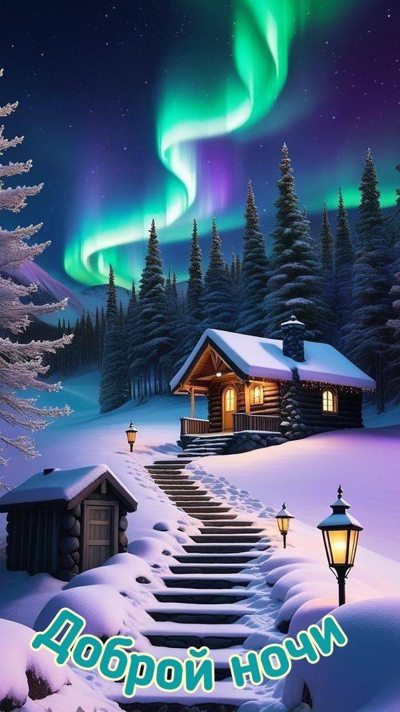 Открытка «Доброй ночи»: Доброй ночи: уютный домик под северным сиянием.