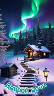 Открытка «Доброй ночи»: Доброй ночи: уютный домик под северным сиянием.