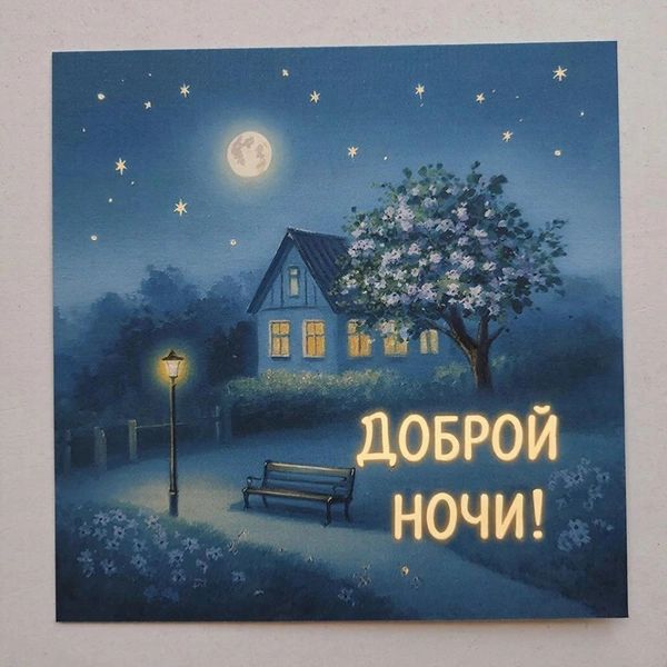 Открытка «Доброй ночи»: Доброй ночи: Волшебный ночной пейзаж с домиком.