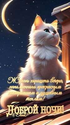Открытка «Доброй ночи»: Доброй ночи: милый белый кот на крыше.