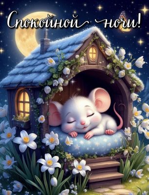 Открытка «Спокойной ночи»: Спокойной ночи: милая открытка со спящим мышонком. Тэги: Спокойной ночи, с пожеланиями…