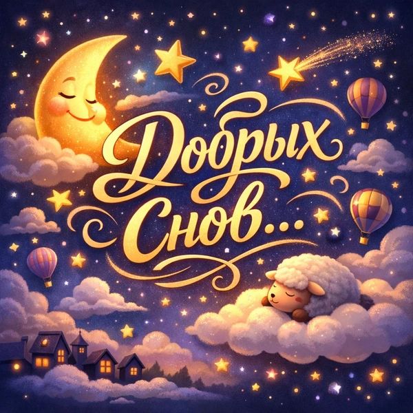 Открытка «Доброй ночи»: Доброй ночи: сказочная открытка с милой овечкой.