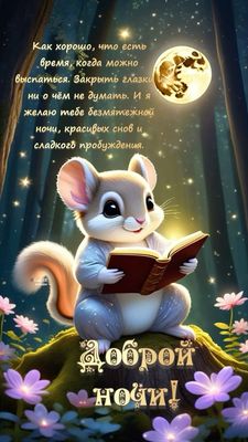 Открытка «Доброй ночи»: Доброй ночи: Милая открытка с белкой, читающей книгу.