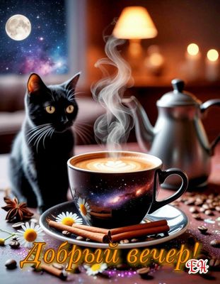 Открытка «Добрый вечер и пожелания»: Добрый вечер: уютный кофе с молоком и кот. Тэги: Добрый вечер красивые, Добрый в…