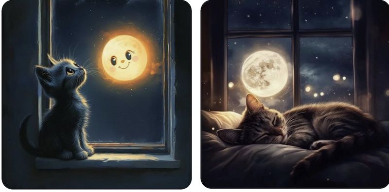 Открытка «Спокойной ночи»: Спокойной ночи: «Милый котенок и лучезарная луна». Тэги: Спокойной ночи, с пожеланиями…