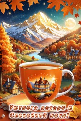 Открытка «Добрый вечер и пожелания»: Добрый вечер: «Осенний чай с видом на горы». Тэги: Добрый вечер красивые, Доброго…