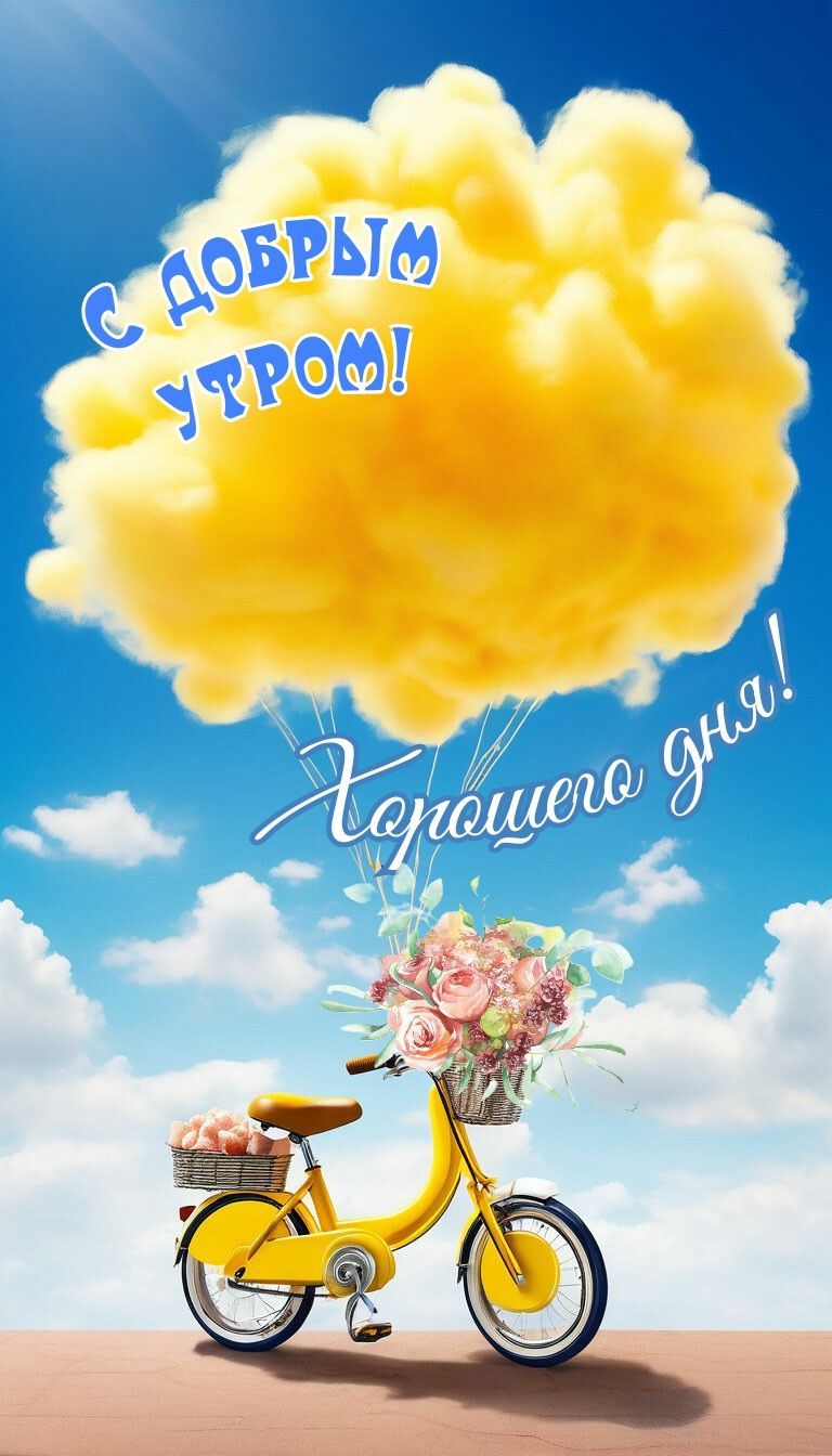 Открытка «С добрым утром»: С добрым утром! Яркий велосипед и нежный букет. Тэги: пожелание, позитивная, отличное наст…