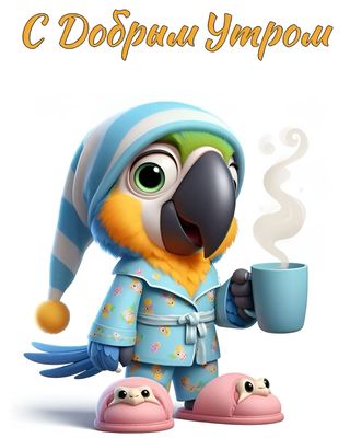 Открытка «С добрым утром»: Уютное доброе утро: попугай с чашкой кофе. Тэги: хорошего дня, животное, пожелание, позити…