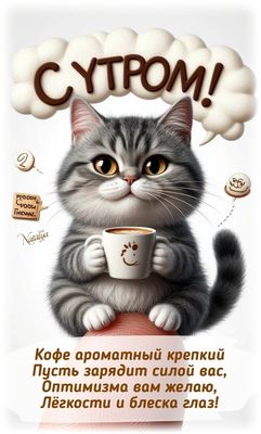 Открытка «С добрым утром»: С добрым утром! Котик с кофе и лучистым настроением. Тэги: кот, животное, пожелание, утро…