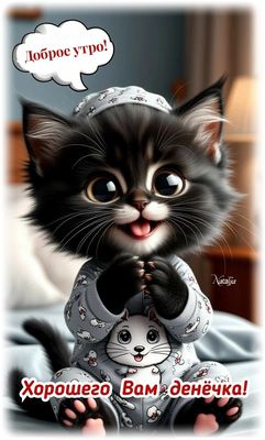 Открытка «С добрым утром»: Пушистый котёнок желает доброго утра и хорошего дня!. Тэги: хорошего дня, кот, животное…