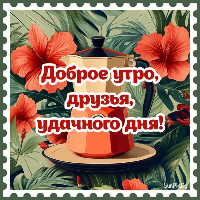Открытка «С добрым утром»: Доброе утро, друзья! Яркие цветы и ароматный кофе.. Тэги: С добрым утром и удачного дня…