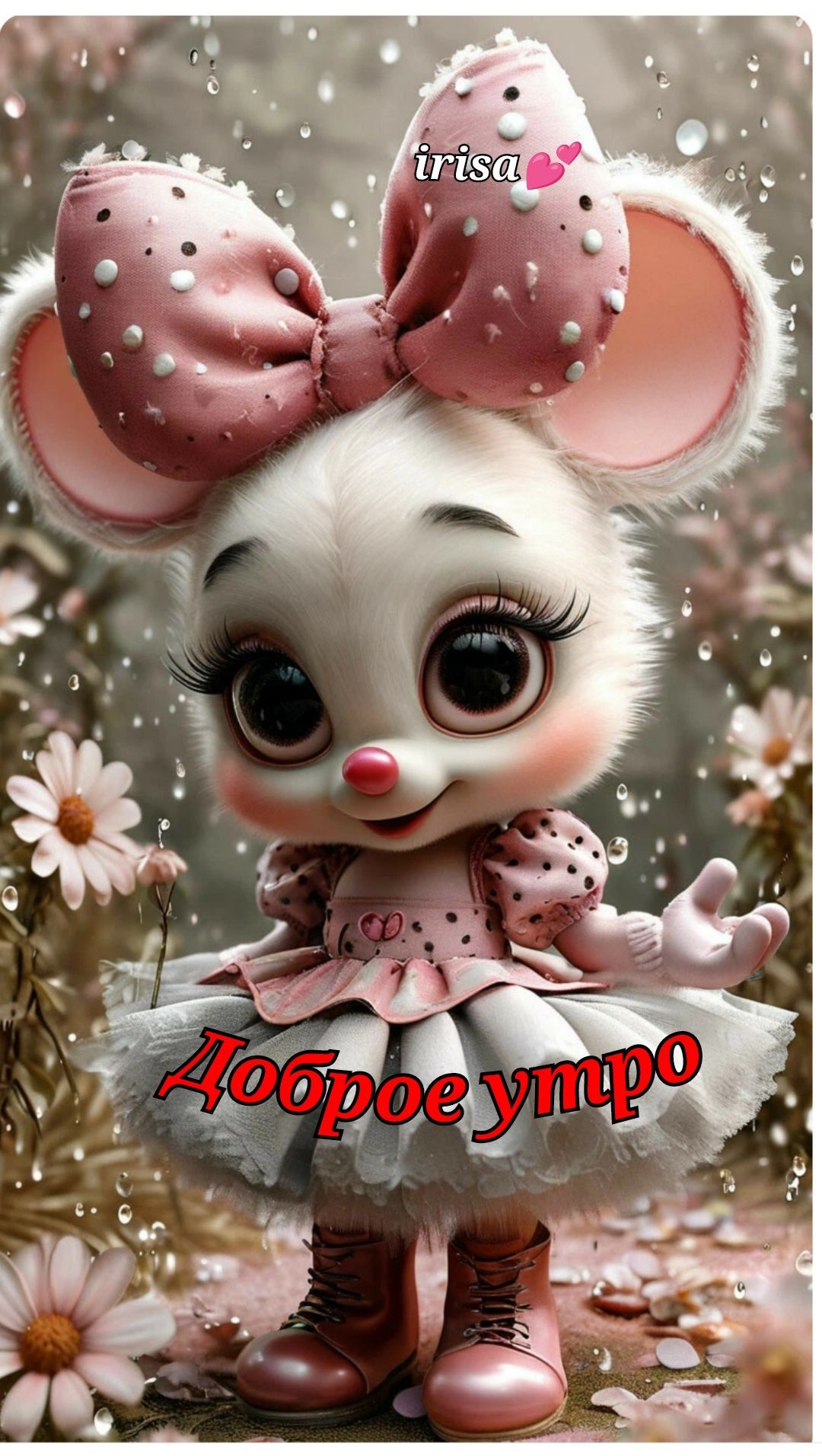 Открытка «С добрым утром»: Доброе утро! Нежная мышка в росе. Тэги: животное, пожелание, позитивная, улыбка, утро…
