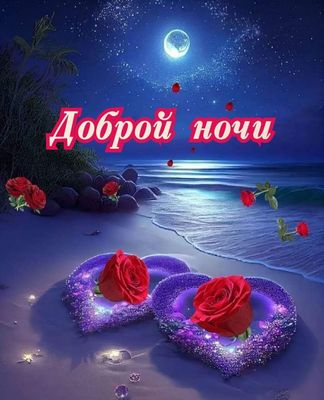 Открытка «Доброй ночи»: Доброй ночи: Романтическая ночь, море и розы.