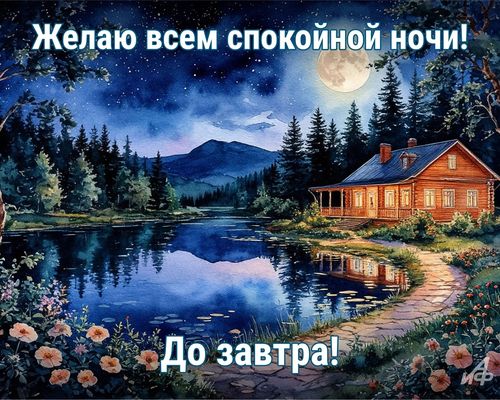 Открытка «Спокойной ночи»: Спокойной ночи: волшебный домик у озера под луной. Тэги: Спокойной ночи, красивые, Спокойн…