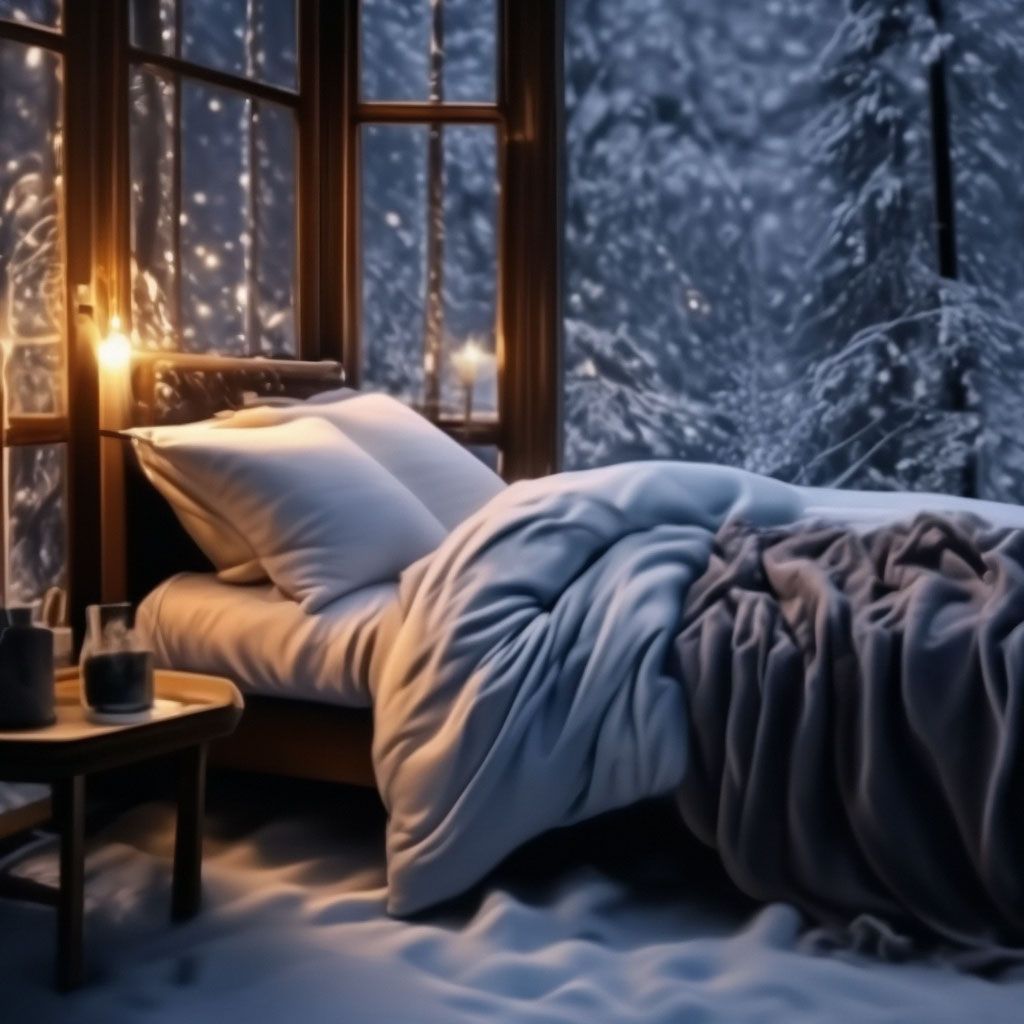 Открытка «Спокойной ночи»: Спокойной ночи в уютной спальне с видом на зимний лес. Тэги: Спокойной ночи, красивые…