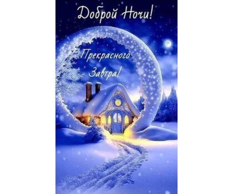 Открытка «Доброй ночи»: «Доброй ночи»: Волшебный зимний дом в снежном шаре.