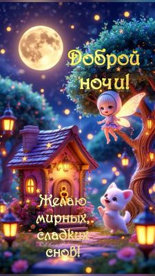 Открытка «Доброй ночи»: Доброй ночи: «Сказочная фея и белый кот».