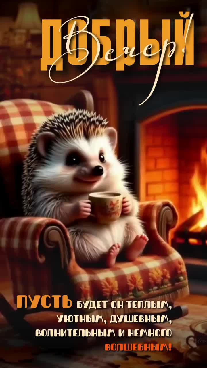 Открытка «Пожелание»: Добрый вечер: Уютный еж у камина. Тэги: животное, чай, красивый, уютный, отдых, душевный, кружка…
